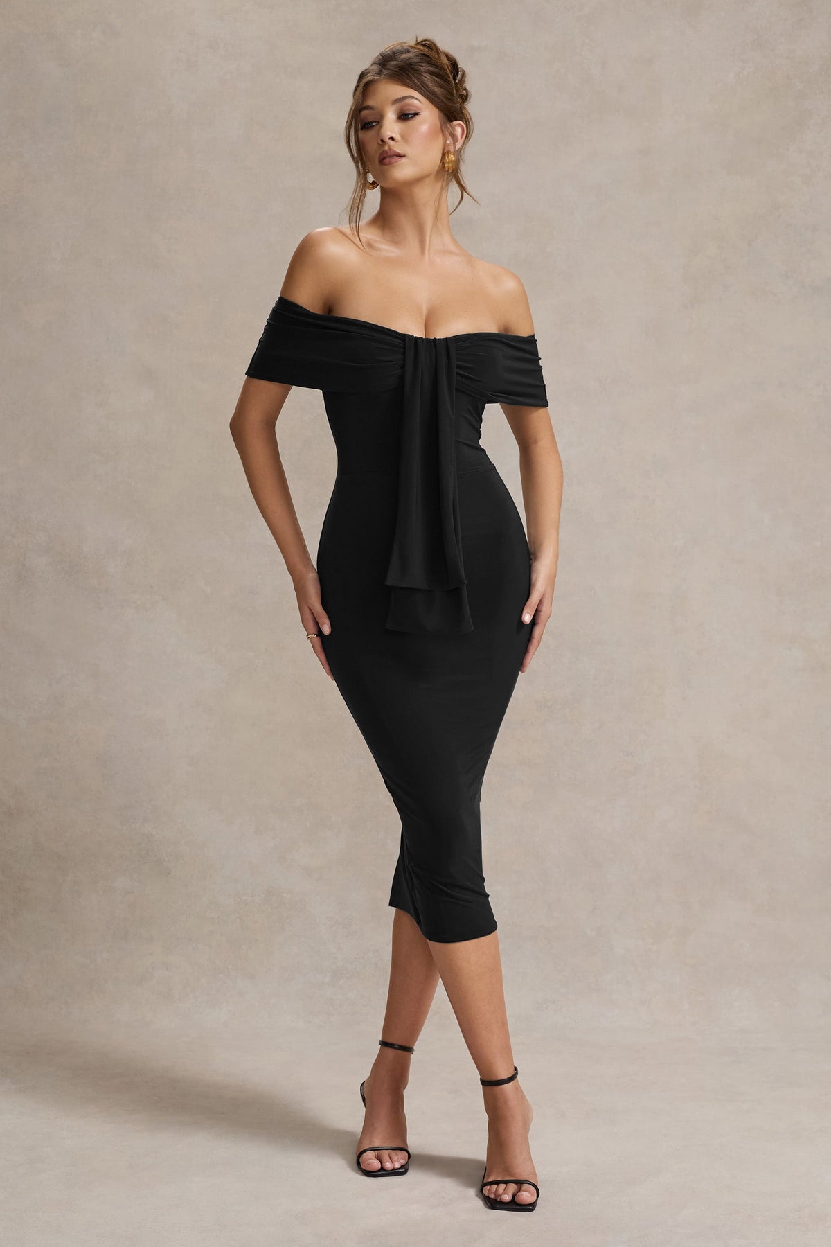 Selbie | Vestido Midi escote Bardot con Drapeado Negro