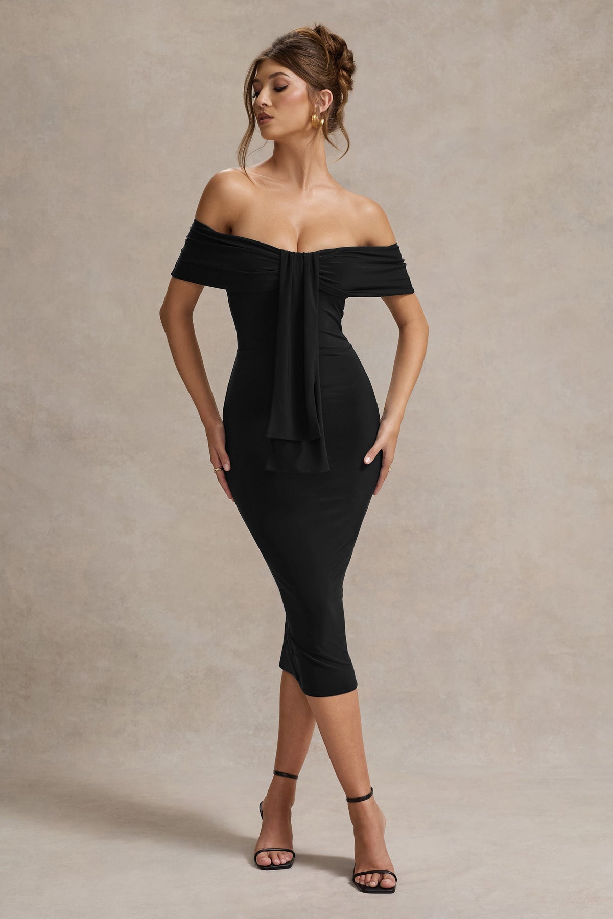 Selbie | Vestido Midi escote Bardot con Drapeado Negro