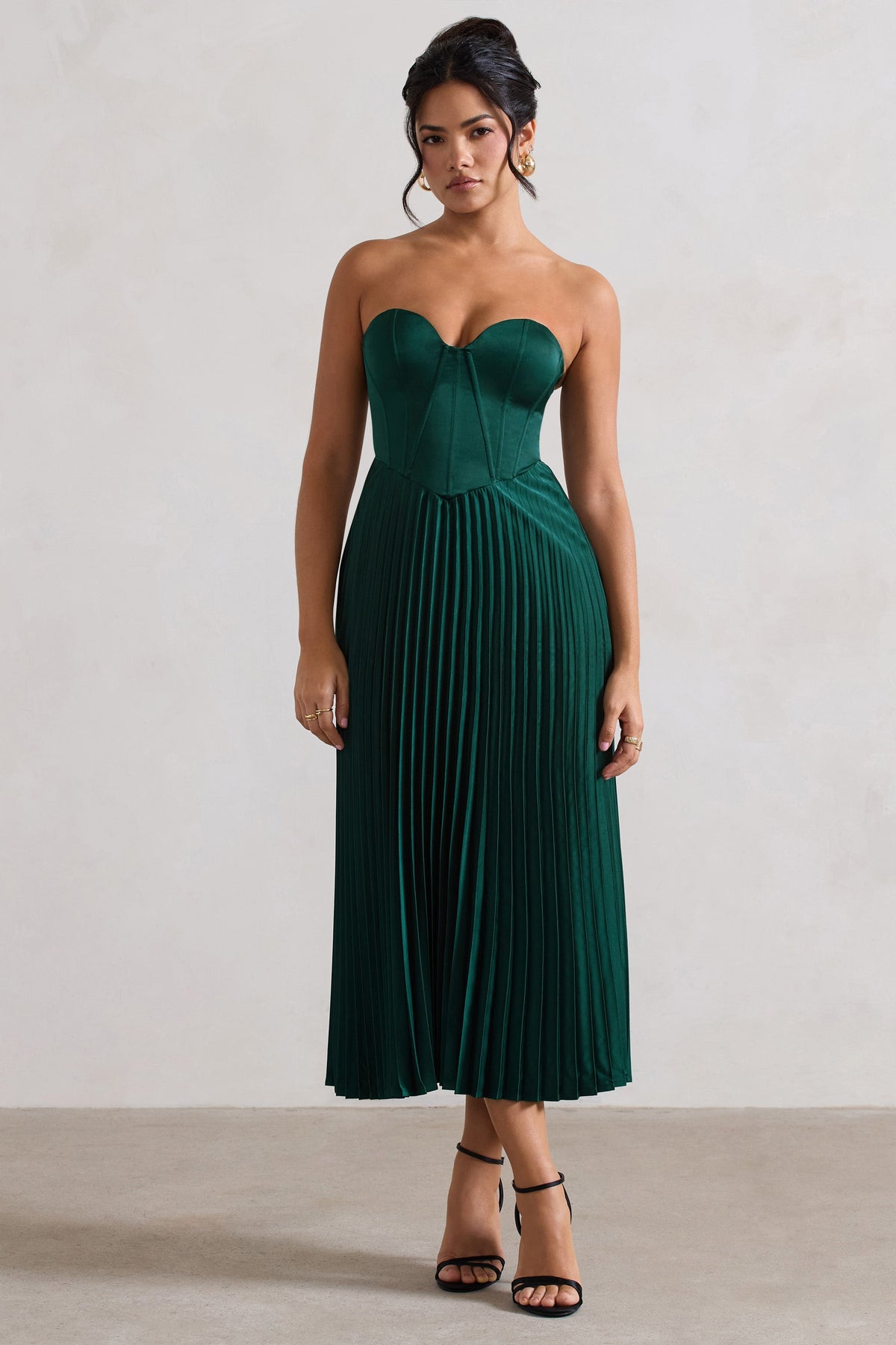 Bordeaux | Vestido midi estilo corsé de satén verde botella