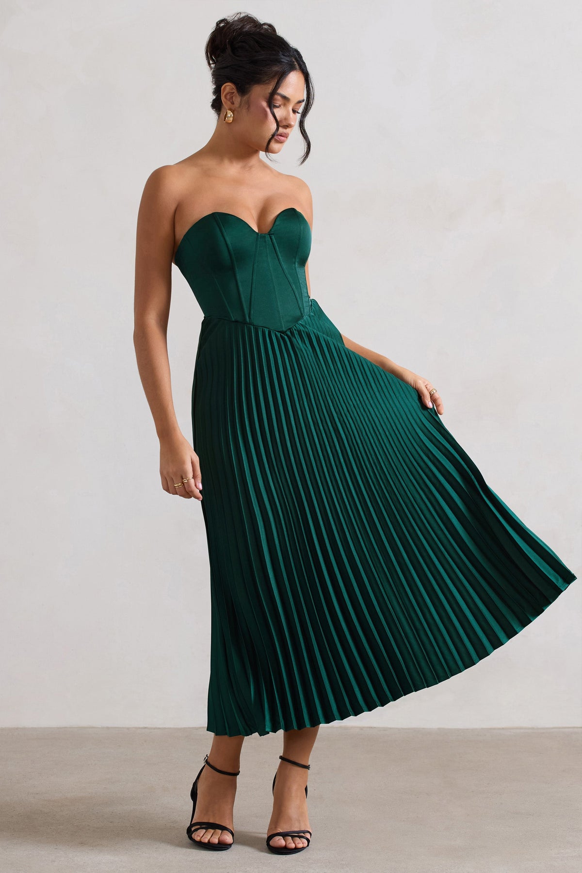 Bordeaux | Vestido midi estilo corsé de satén verde botella