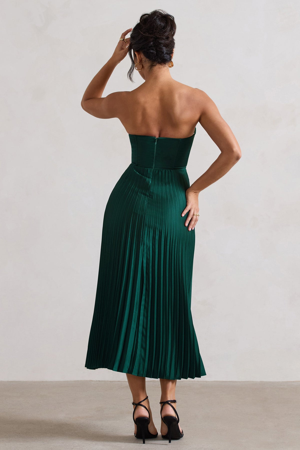 Bordeaux | Vestido midi estilo corsé de satén verde botella