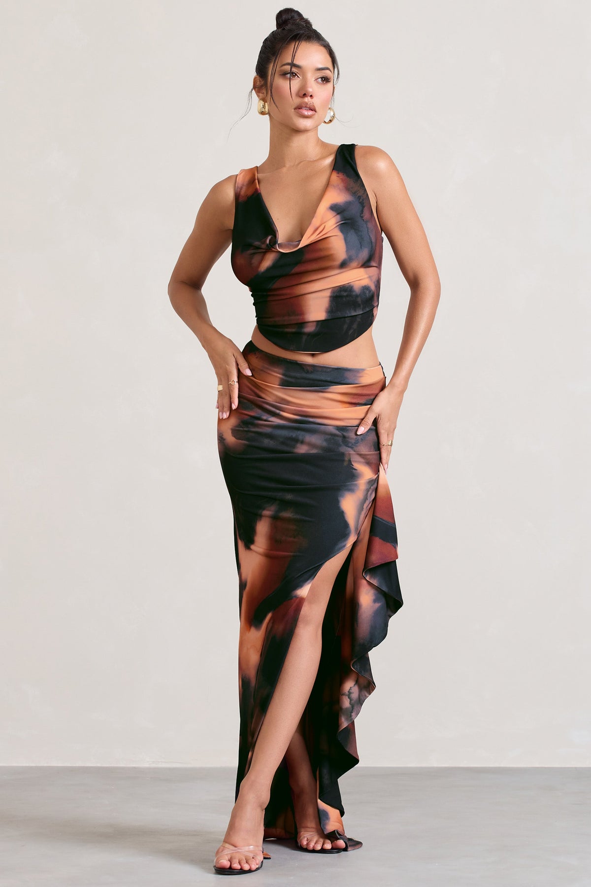 WB_CL128620158-FemmeClassiqueOrangeSmokePrintCowlCorsetCropTop_CL128621158-LaBelleOrangeSmokePrintRuffleMaxiSkirtWithThighSplit1