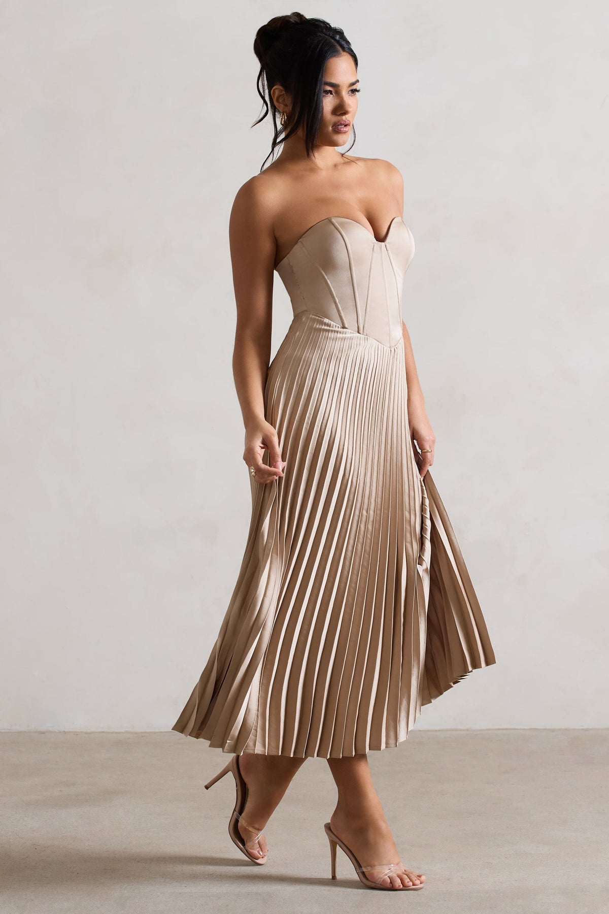 Bordeaux | Vestido Midi con Corsé de Satén champán