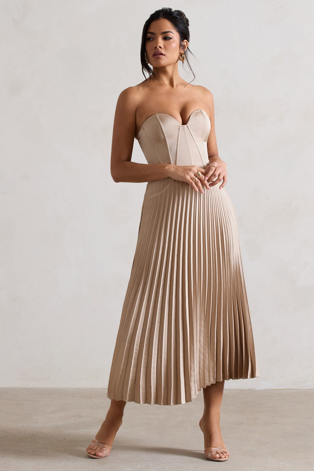 Bordeaux | Vestido Midi con Corsé de Satén champán