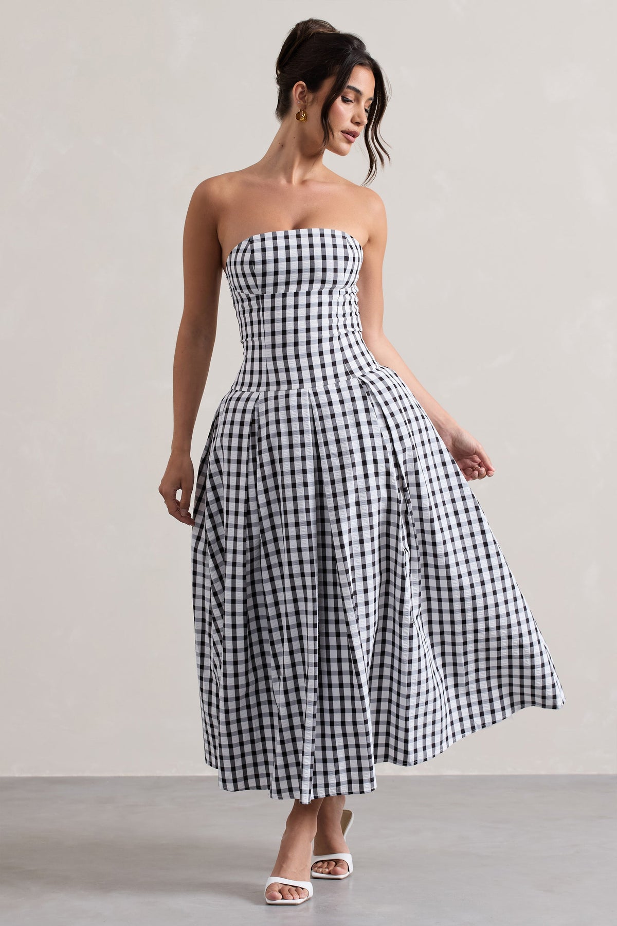 Maisy | Vestido Maxi sin Tirantes de Cuadros en Blanco y Negro