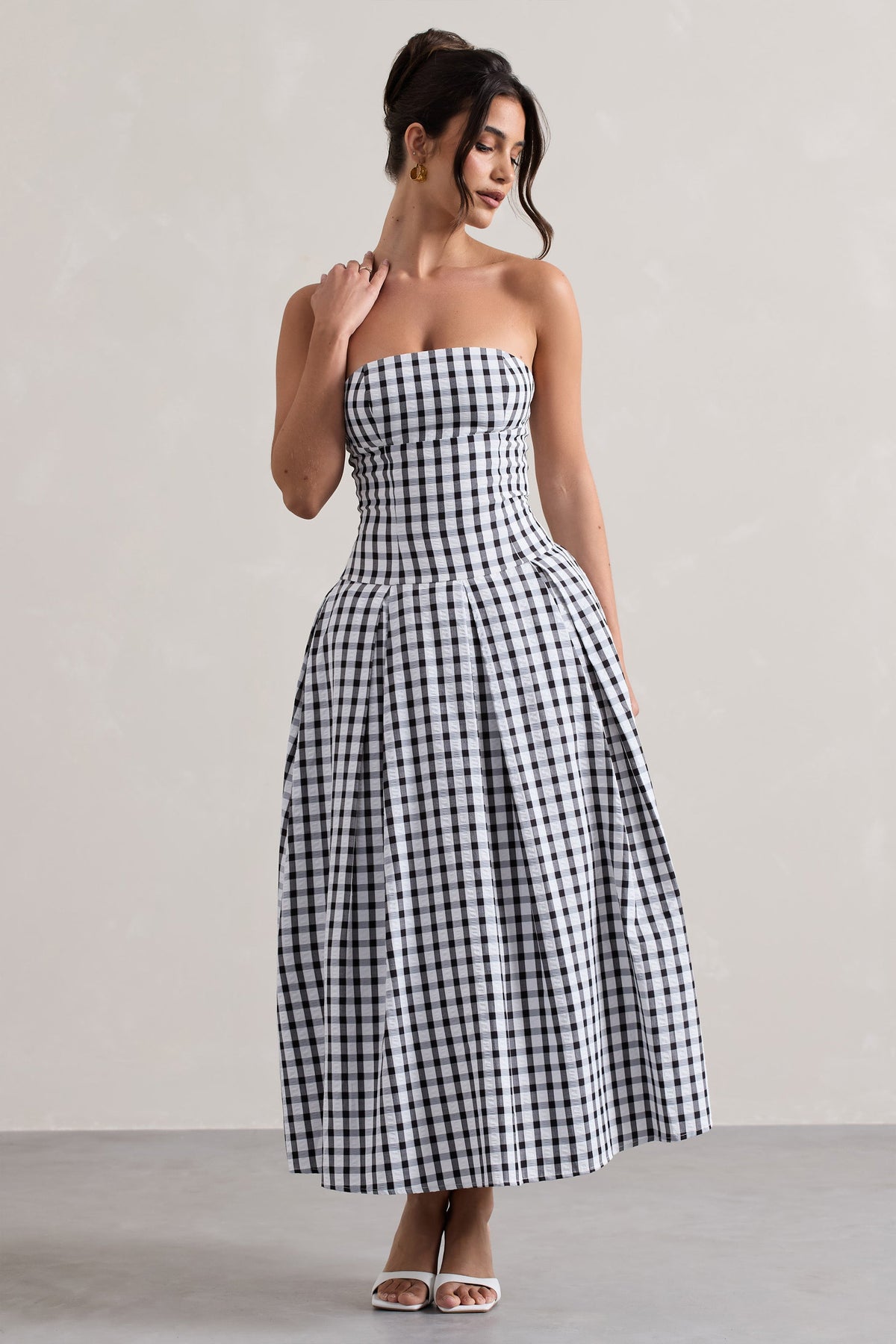 Maisy | Vestido Maxi sin Tirantes de Cuadros en Blanco y Negro