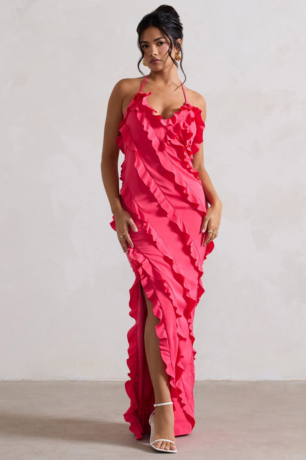 Full On | Vestido Maxi Rosa Fucsia con Volantes y Escote en V
