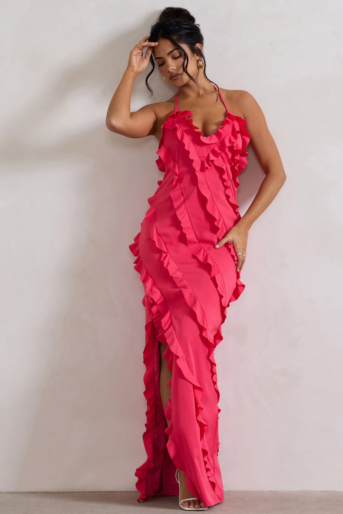 Full On | Vestido Maxi Rosa Fucsia con Volantes y Escote en V