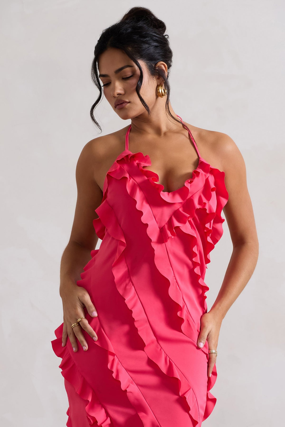 Full On | Vestido Maxi Rosa Fucsia con Volantes y Escote en V