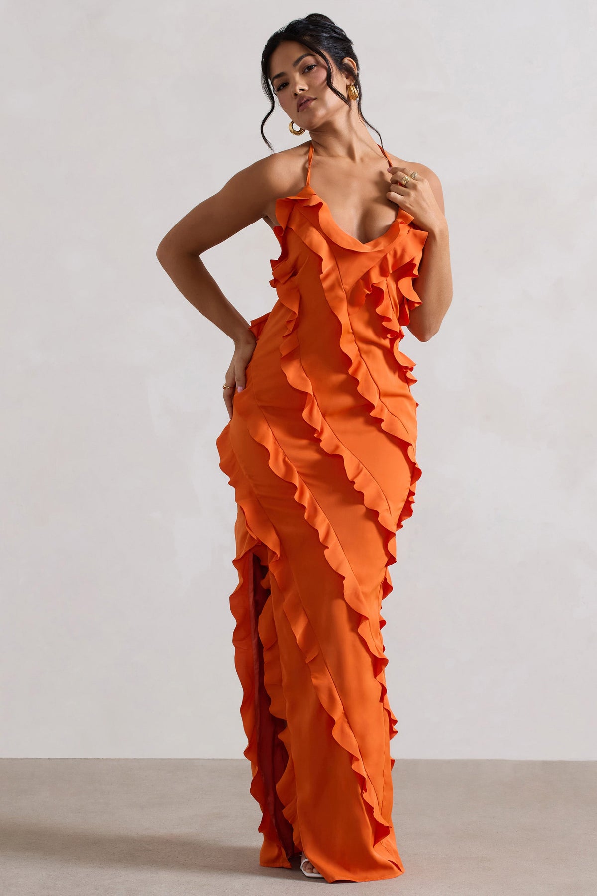 Full On | Vestido Maxi Naranja con Volantes y Escote en V