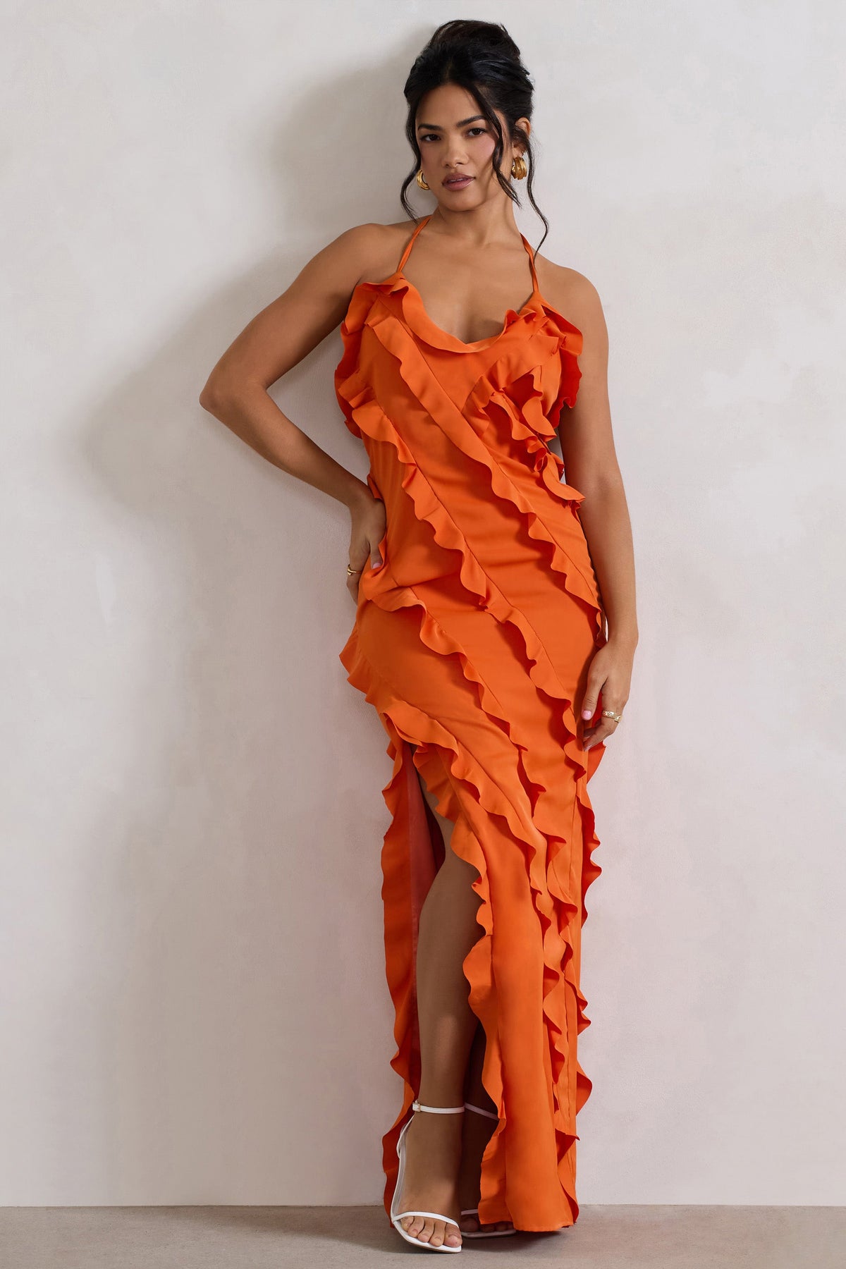 Full On | Vestido Maxi Naranja con Volantes y Escote en V