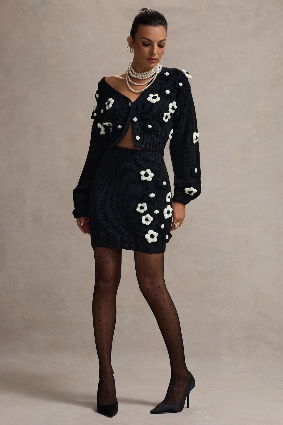 Triomphe |  Falda Mini Floral de Punto en Blanco y Negro