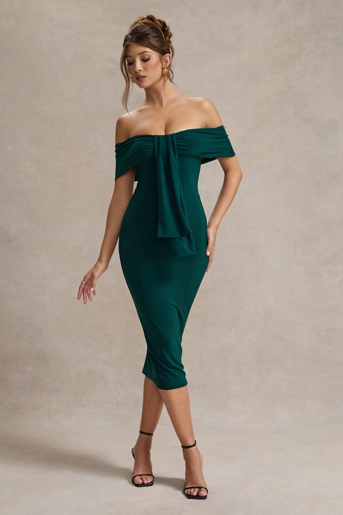 Selbie | Vestido Midi escote Bardot con Drapeado Verde Botella