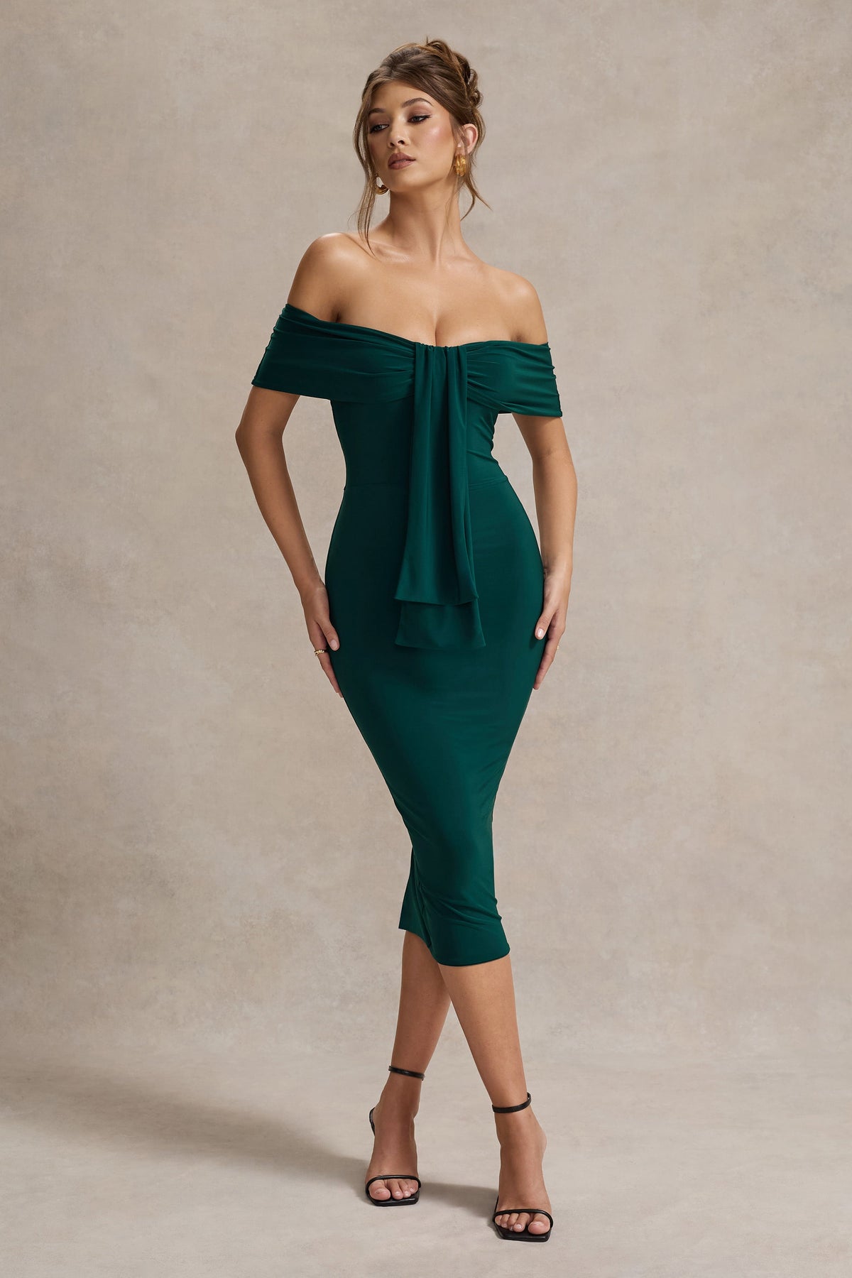 Selbie | Vestido Midi escote Bardot con Drapeado Verde Botella