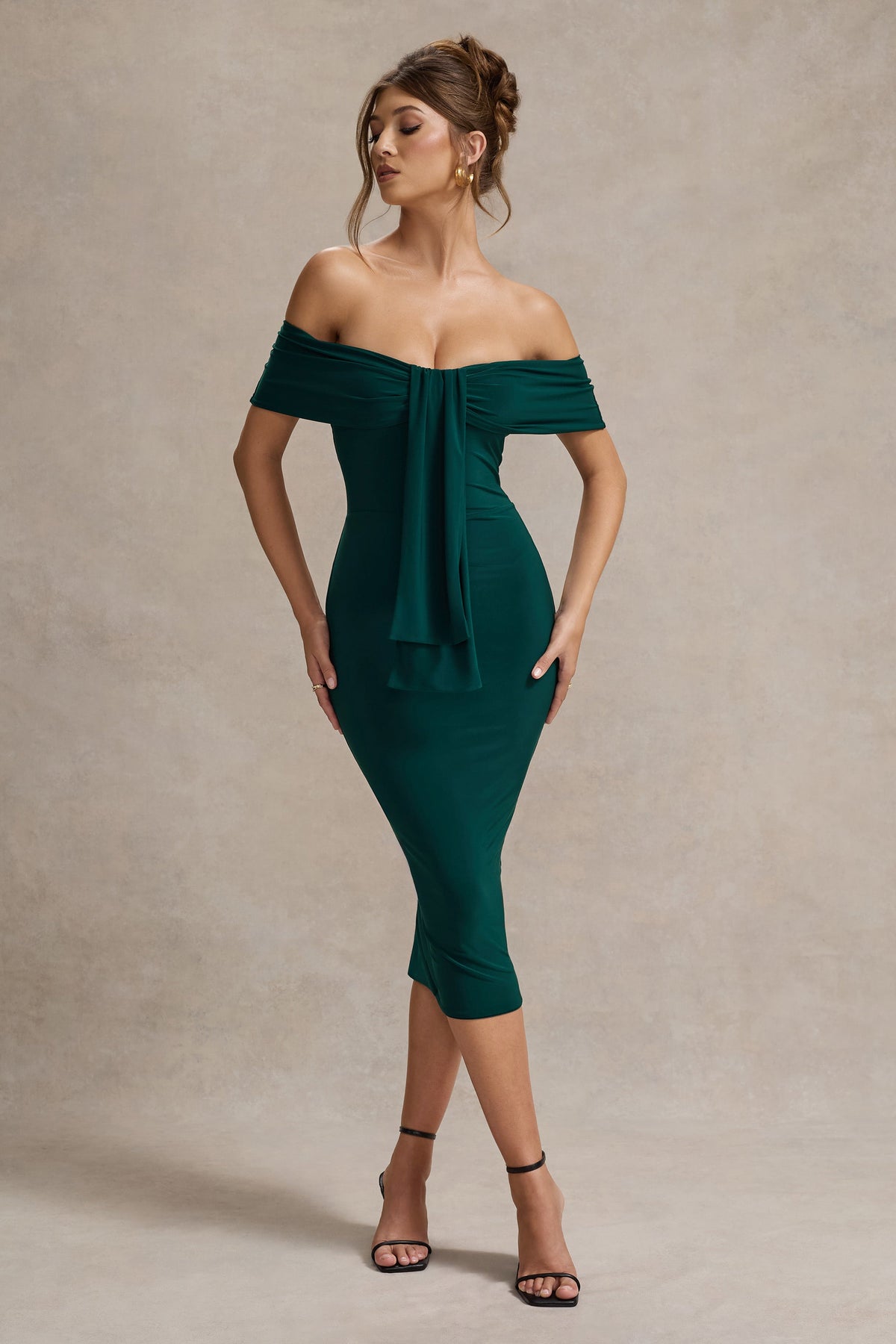 Selbie | Vestido Midi escote Bardot con Drapeado Verde Botella