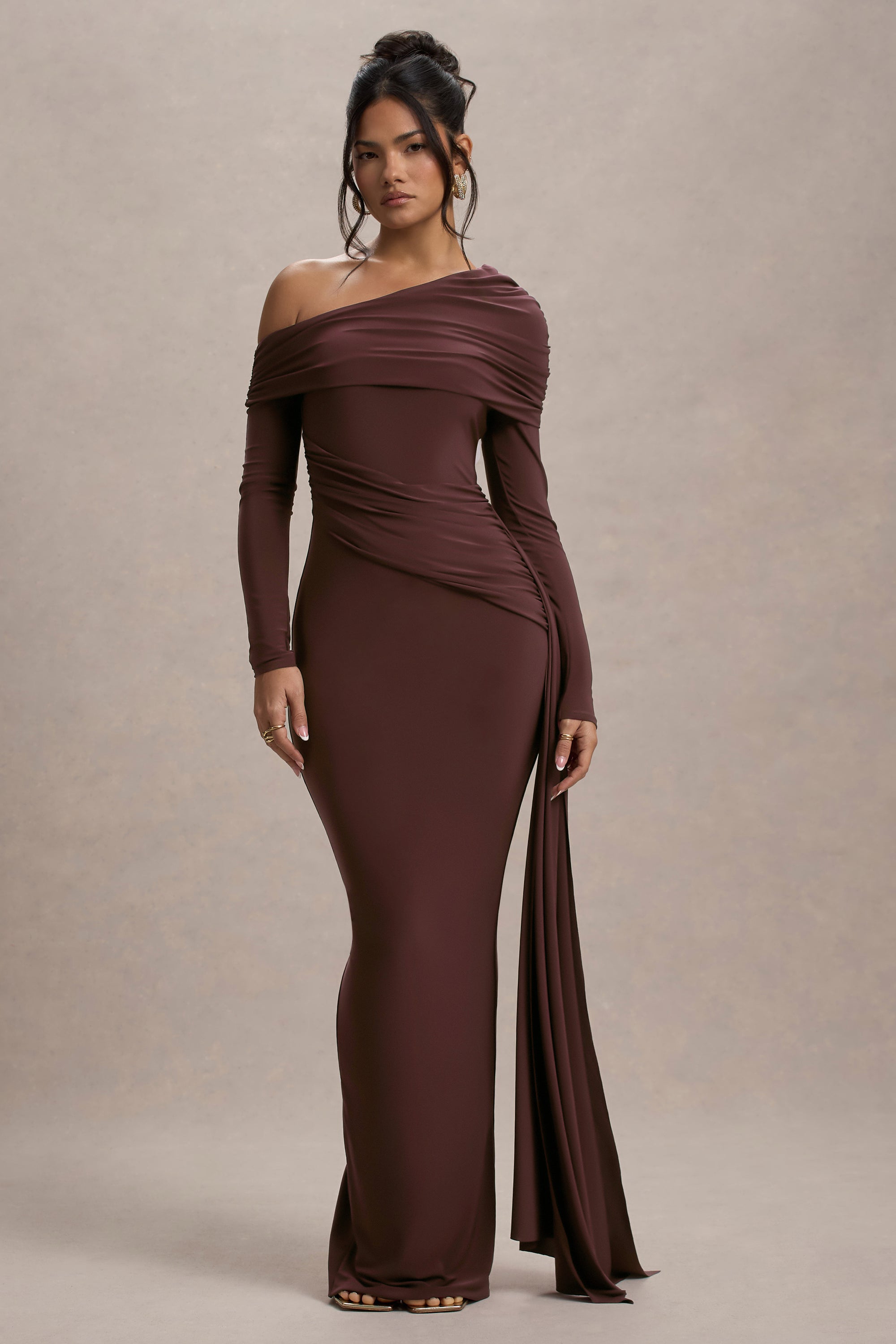 HR_CL135173022_Valina | Brown Ruched Asymmetric Maxi Dress With Drape_01.jpg