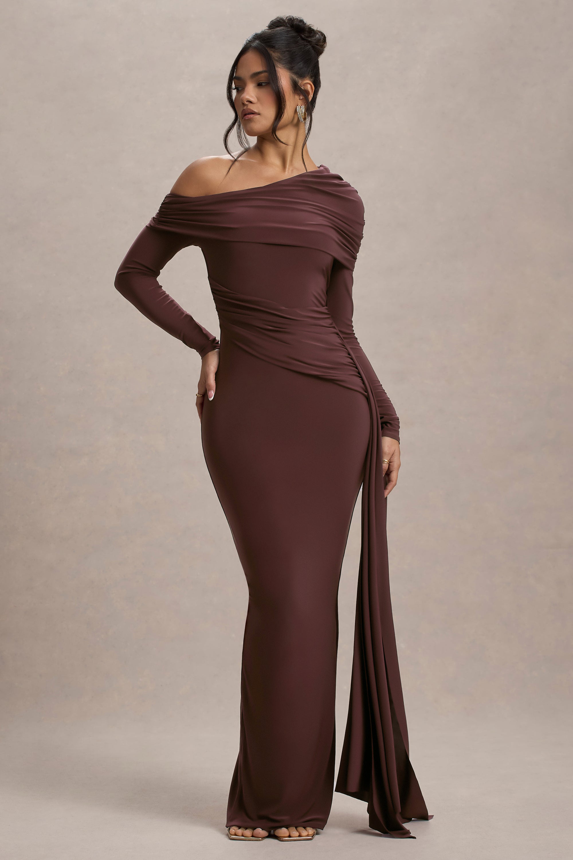HR_CL135173022_Valina | Brown Ruched Asymmetric Maxi Dress With Drape_02.jpg