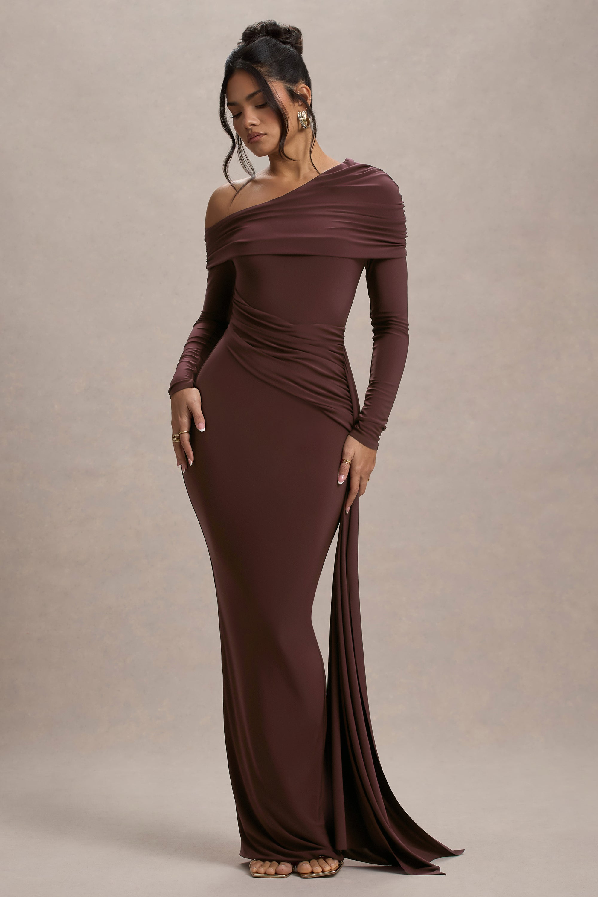 HR_CL135173022_Valina | Brown Ruched Asymmetric Maxi Dress With Drape_03.jpg