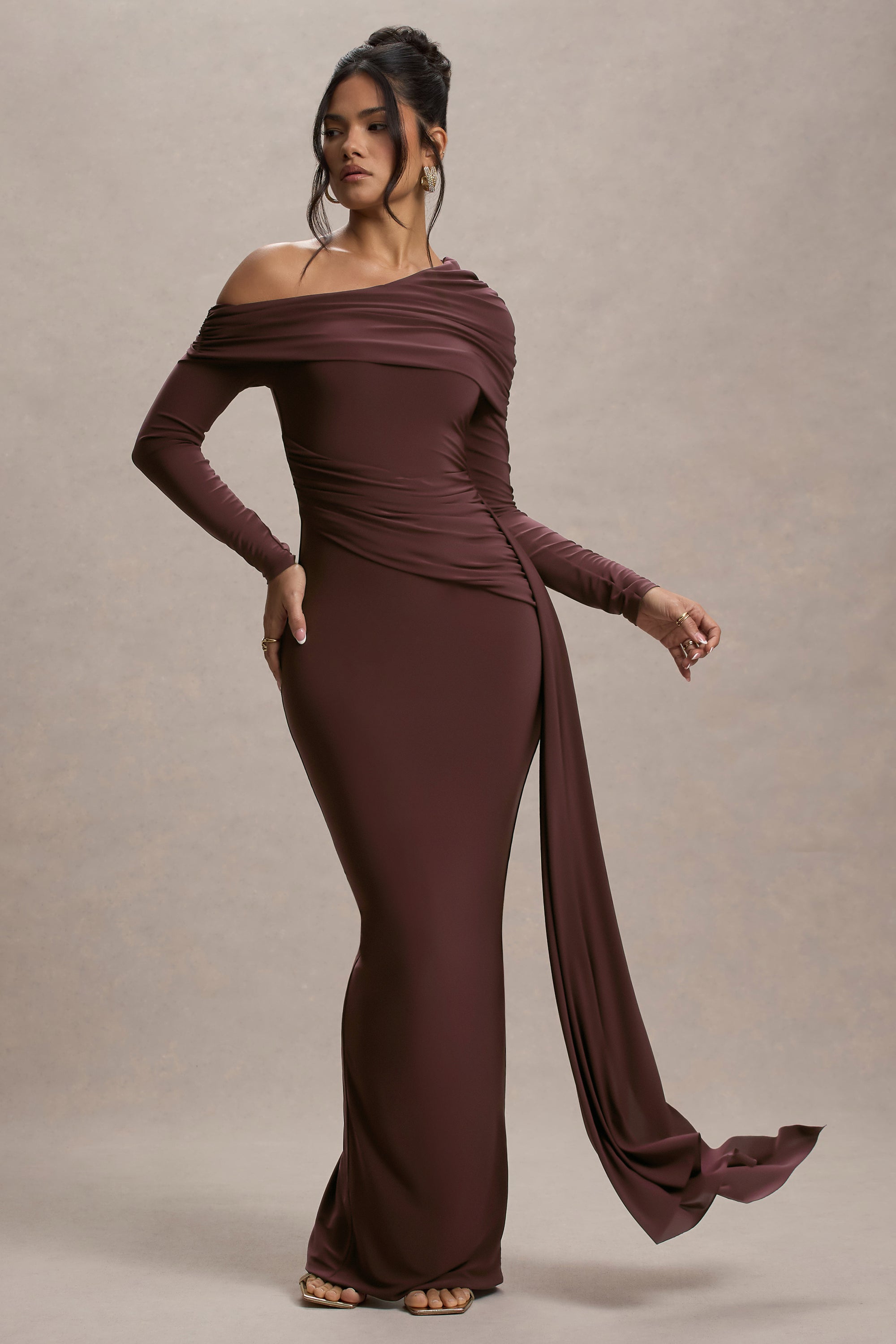 HR_CL135173022_Valina | Brown Ruched Asymmetric Maxi Dress With Drape_04.jpg