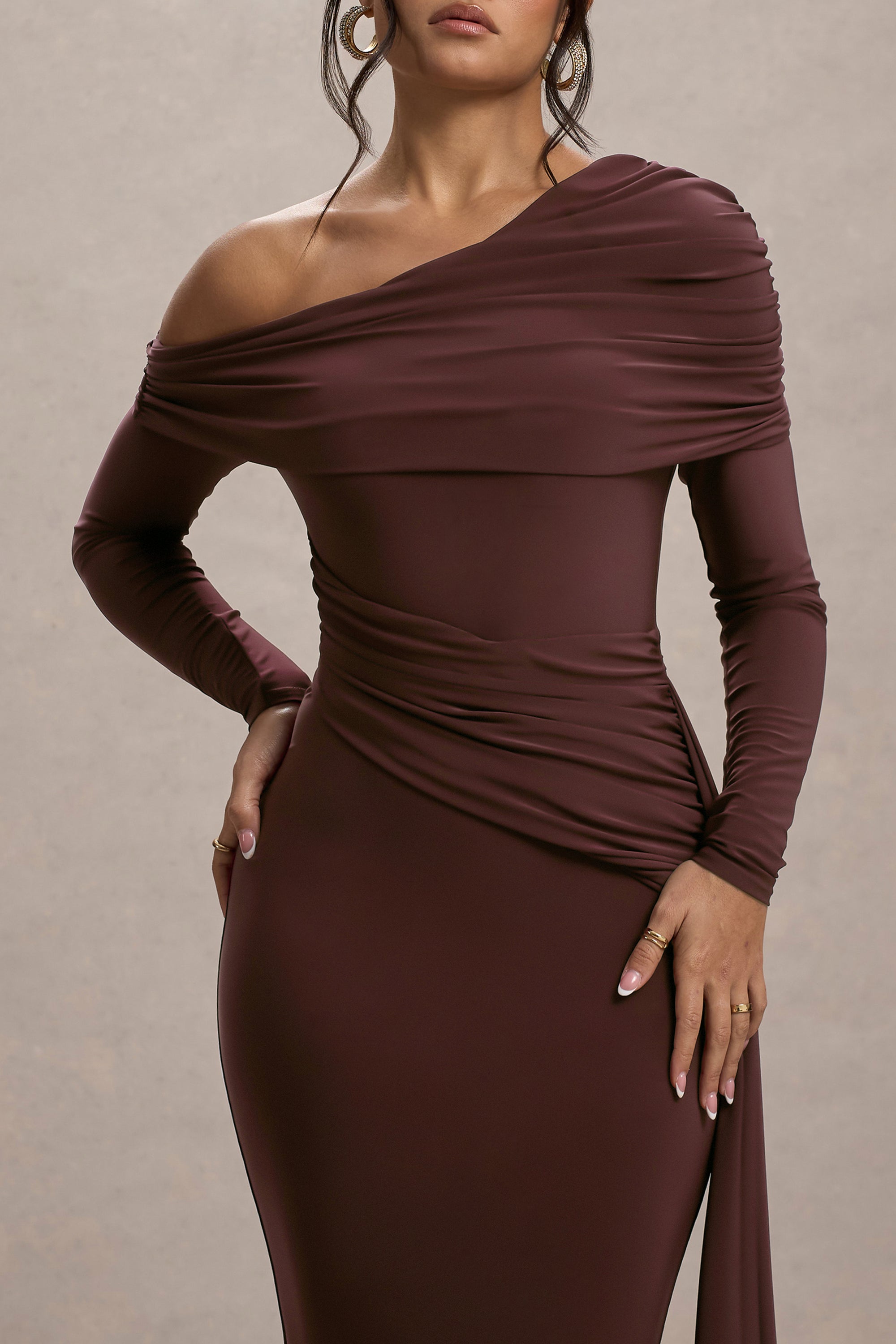 HR_CL135173022_Valina | Brown Ruched Asymmetric Maxi Dress With Drape_05.jpg