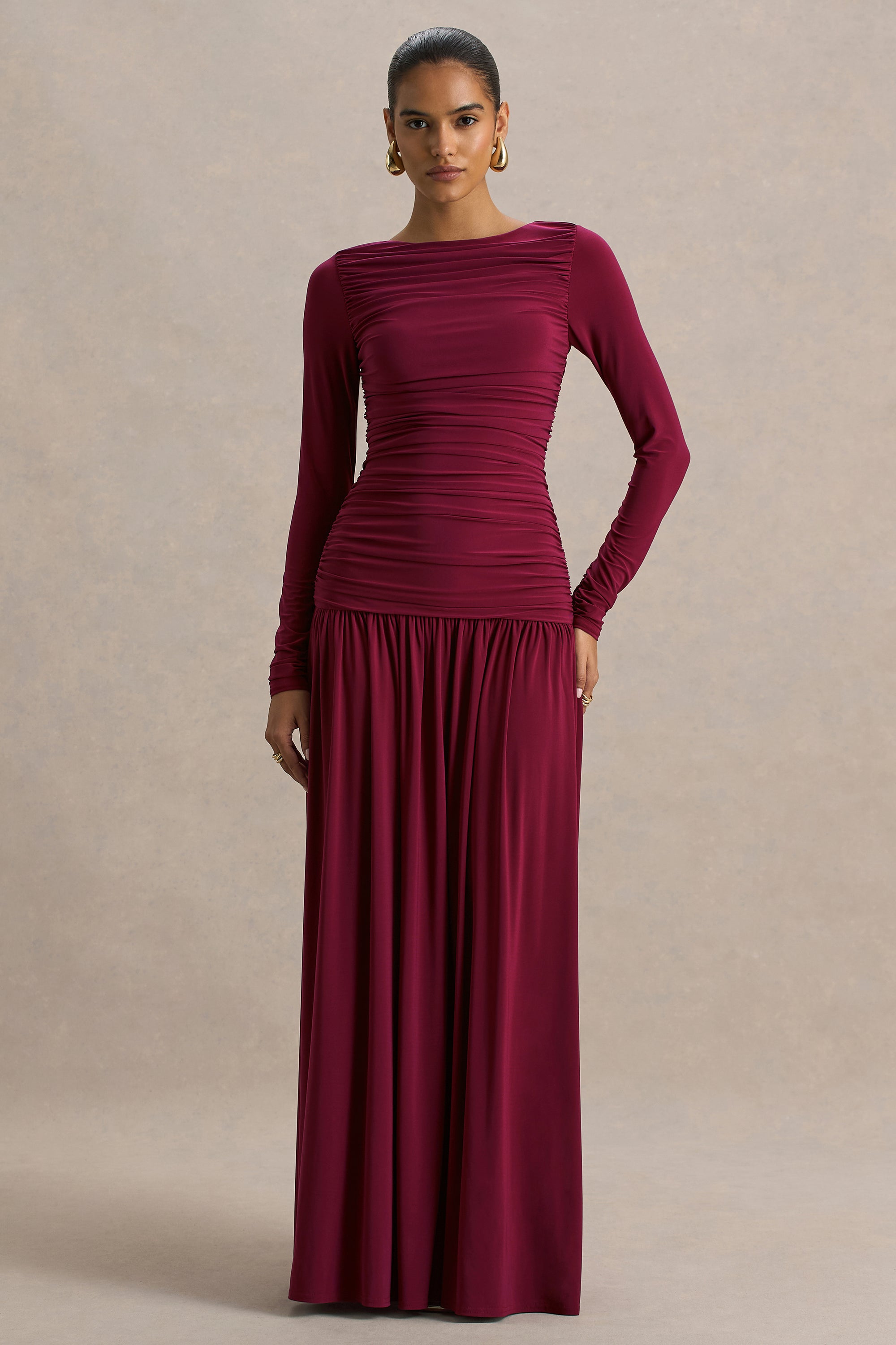 HR_CL136331037 - Aniyah Burgundy High-Neck Maxi Dress With Ruched Detailing01.jpg