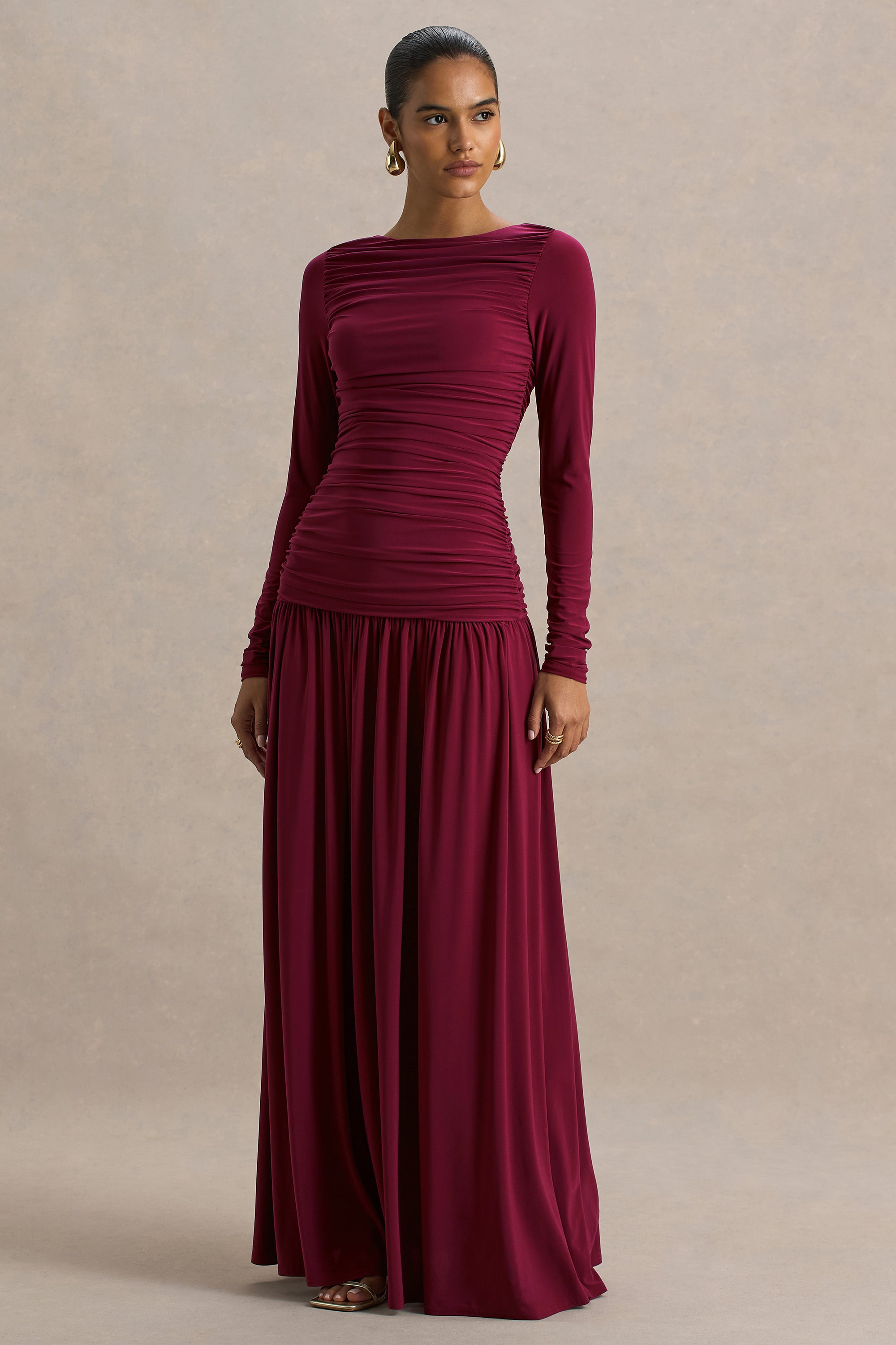 HR_CL136331037 - Aniyah Burgundy High-Neck Maxi Dress With Ruched Detailing02.jpg