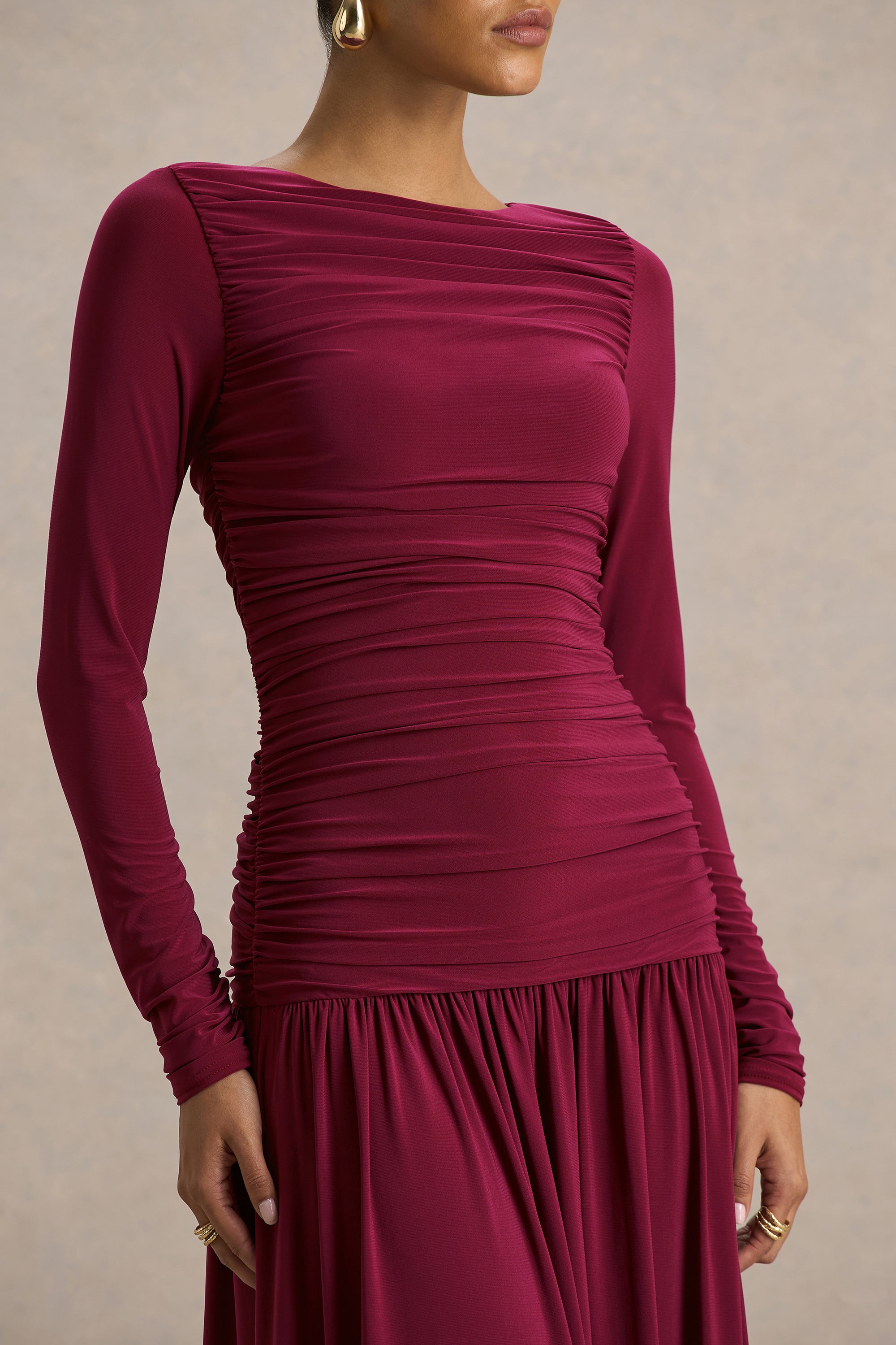 HR_CL136331037 - Aniyah Burgundy High-Neck Maxi Dress With Ruched Detailing04.jpg