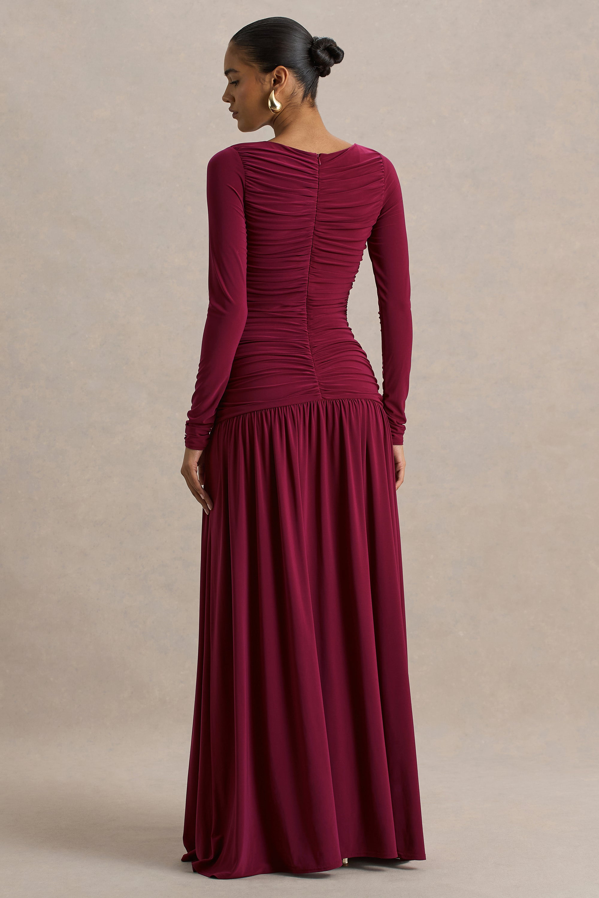 HR_CL136331037 - Aniyah Burgundy High-Neck Maxi Dress With Ruched Detailing06.jpg