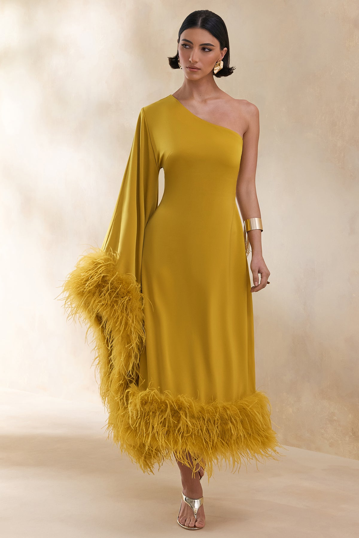ECM_HR_CL136382382 Destiny _ Yellow Satin Asymmetric-Neck Midi Dress With Feather Details 2.jpg