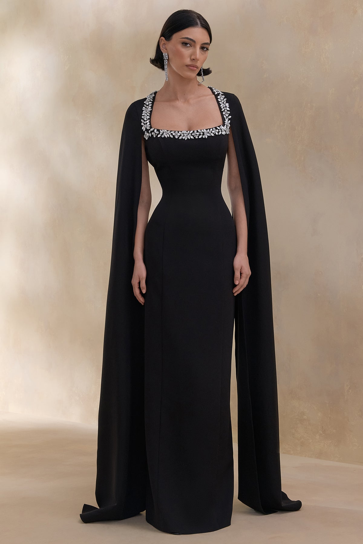 ECM_HR_CL136384002 Glossy | Black Woven Square-Neck Maxi Dress With Cape Sleeves and Embellished Detail 2.jpg