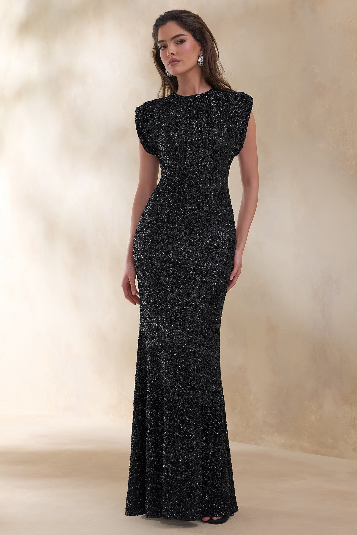 ECM_HR_CL136685002 Aurah | Black Sequin Crew-Neck Maxi Dress With Cap Sleeves 0.jpg