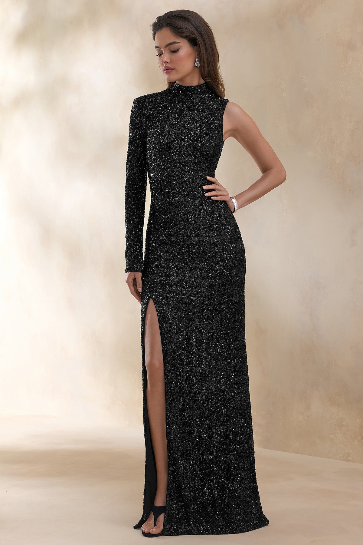 ECM_HR_CL136686002 Mery | Black Sequin High-Neck Wrap Maxi Dress With One-Long Sleeve 3.jpg