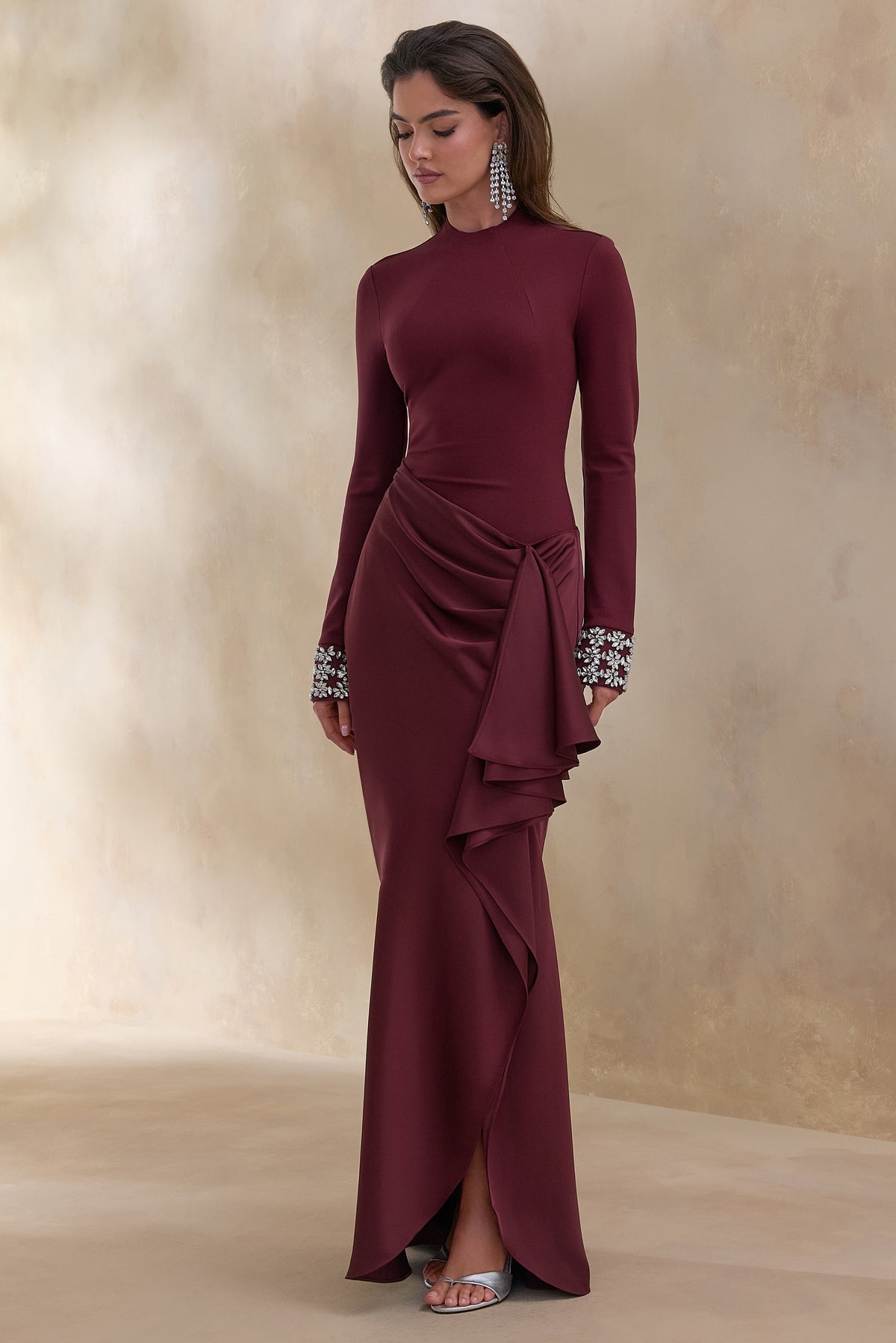 ECM_HR_CL136771069 Starred _ Burgundy Crew-Neck Maxi Dress With Drop-Waist And Satin Wrap-Skirt 2.jpg