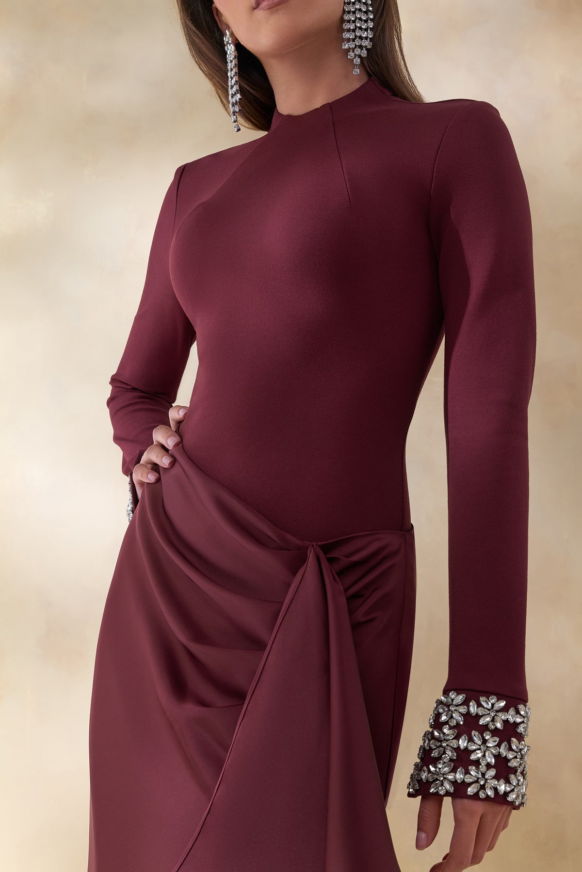 ECM_HR_CL136771069 Starred _ Burgundy Crew-Neck Maxi Dress With Drop-Waist And Satin Wrap-Skirt 4.jpg