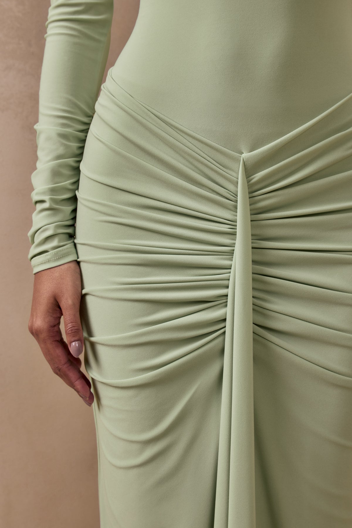 ECM_HR_CL136818314 - Matilda | Light Green Boat-Neck Maxi Dress With Ruched Detailing 05.jpg