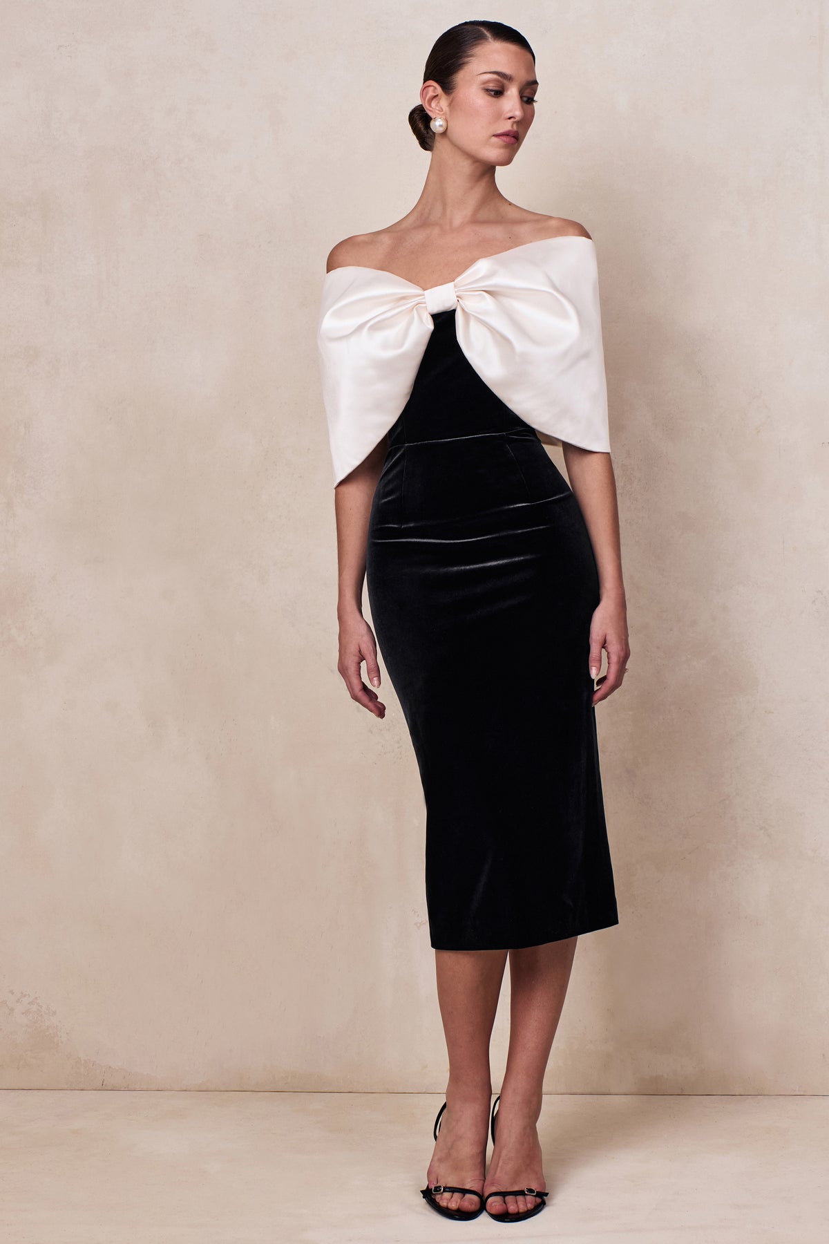 ECM_CL136903240 - Twilight | Black And White Velvet Bardot-Neck Midi Dress With Oversized Satin Bow 04.jpg