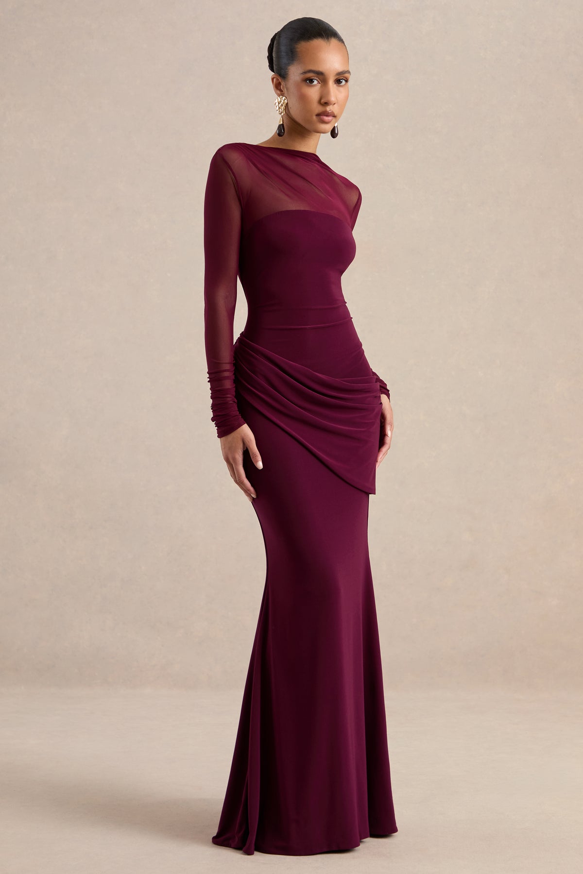 ECM_HR_CL136998102 Deema | Burgundy Jersey High Neck Long Sleeve Maxi Dress With Ruching (1).jpg