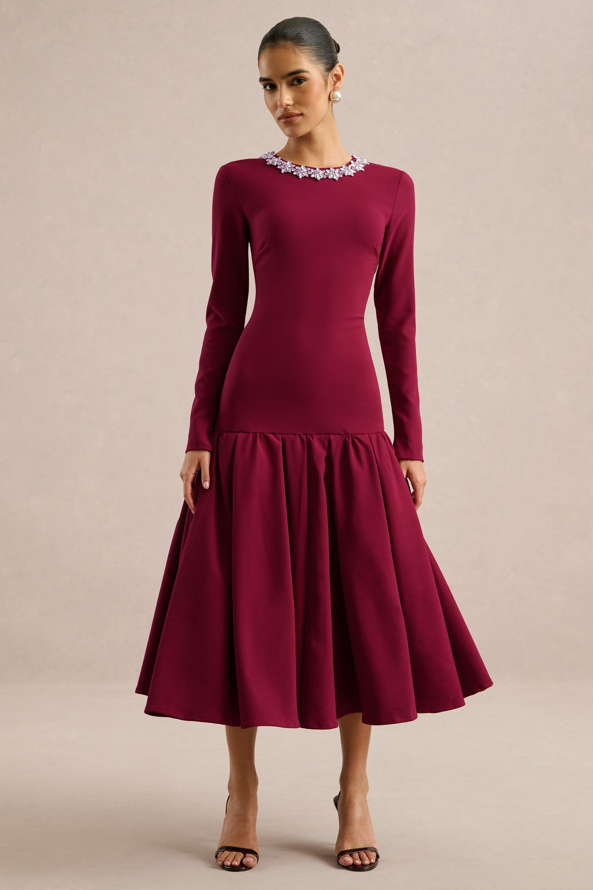 ECM_HR_CL137003069 - Jovana _ Burgundy Hand-Embellished Crew-Neck Midi Dress With Drop Waist1.jpg