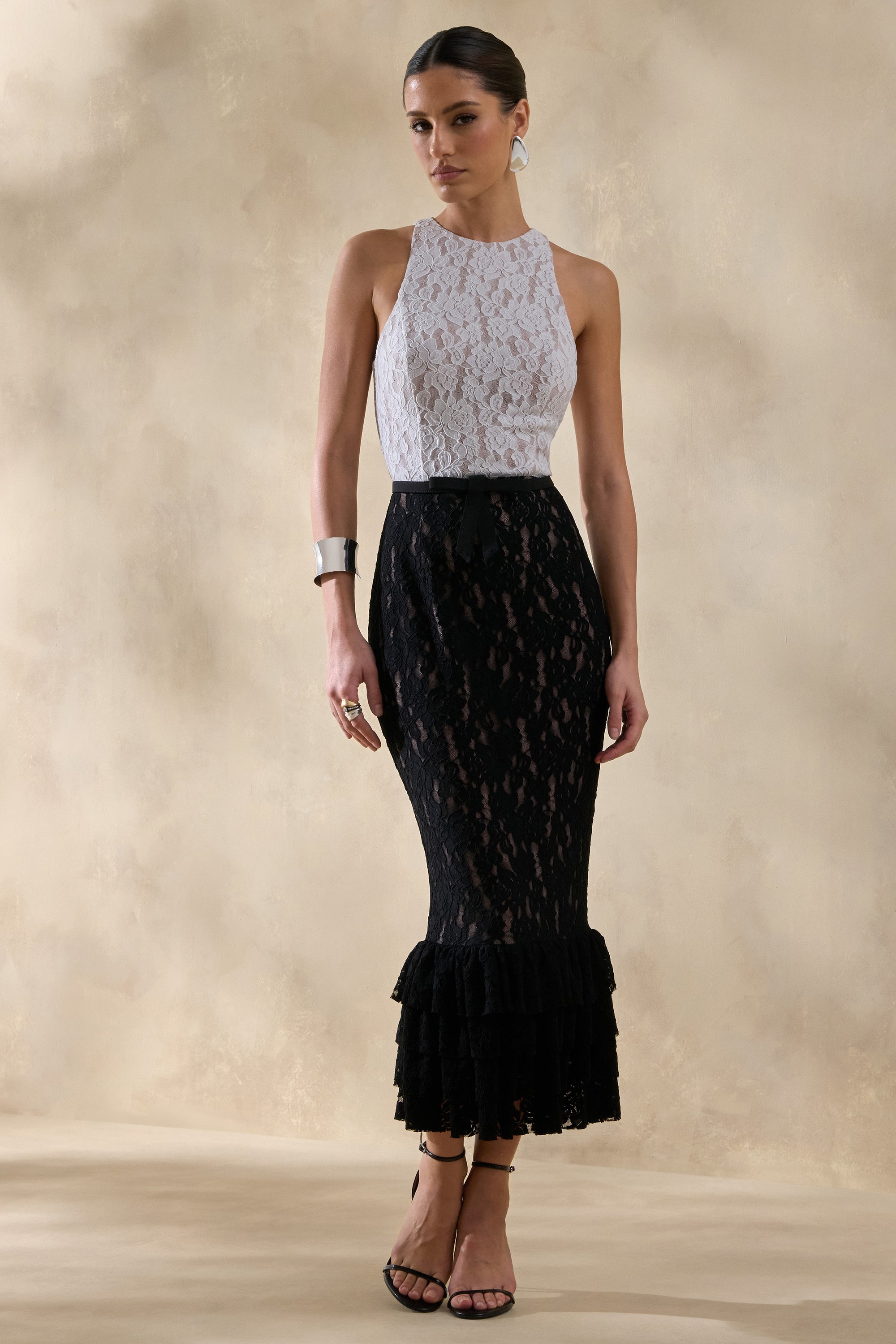 ECM_HR_CL137244141 - Vionna | Black And White Lace High-Neck Midi Dress With Bow-Belt Detail 3.jpg