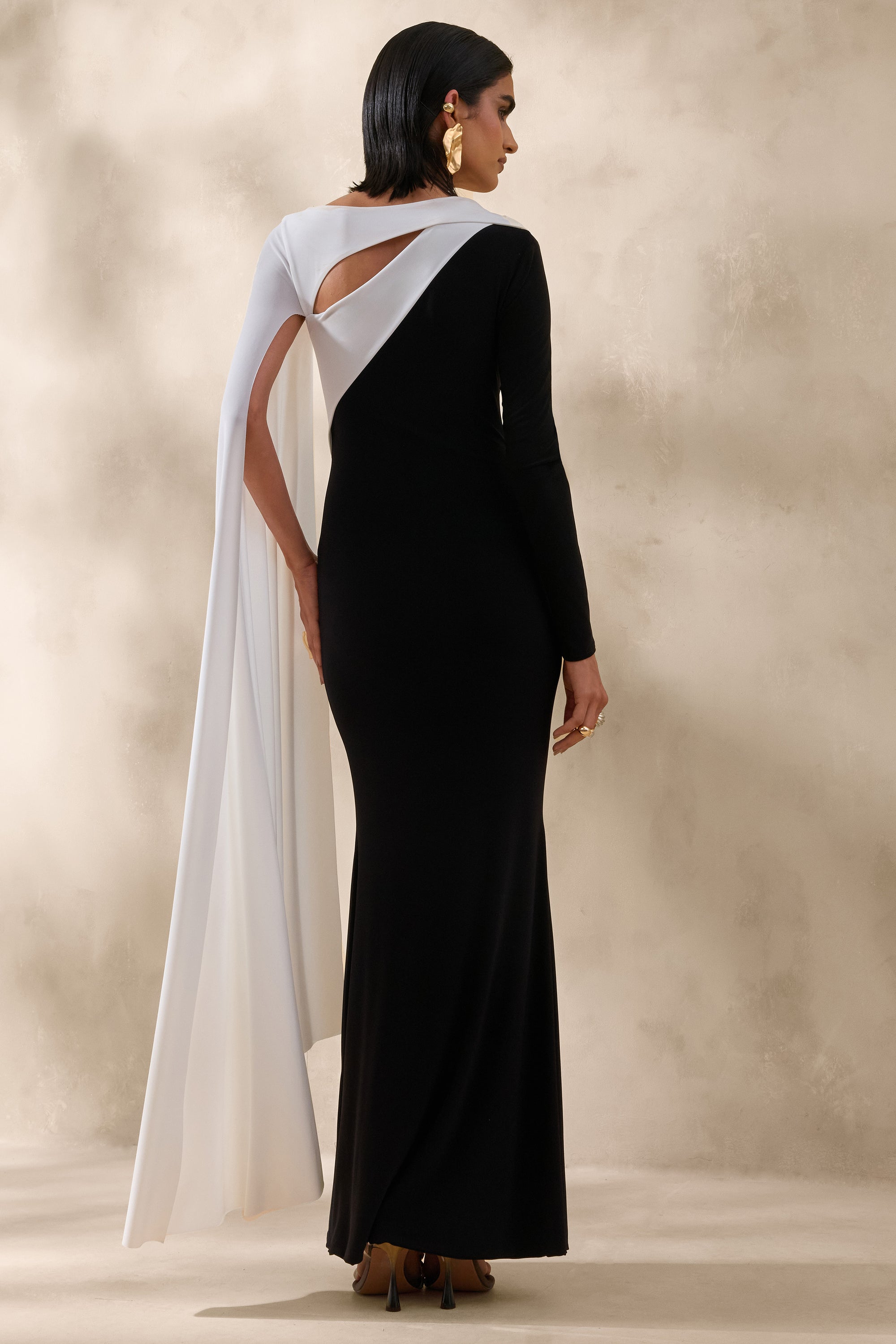 ECM_HR_CL137551002 - Dabria _ Black And White Asymmetric-Neck Maxi Dress With Cape-Sleeve 1.jpg
