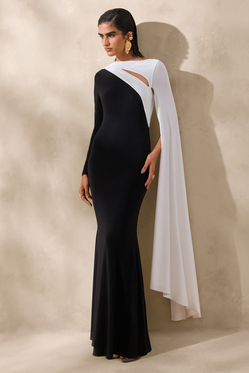 ECM_HR_CL137551002 - Dabria _ Black And White Asymmetric-Neck Maxi Dress With Cape-Sleeve 2.jpg