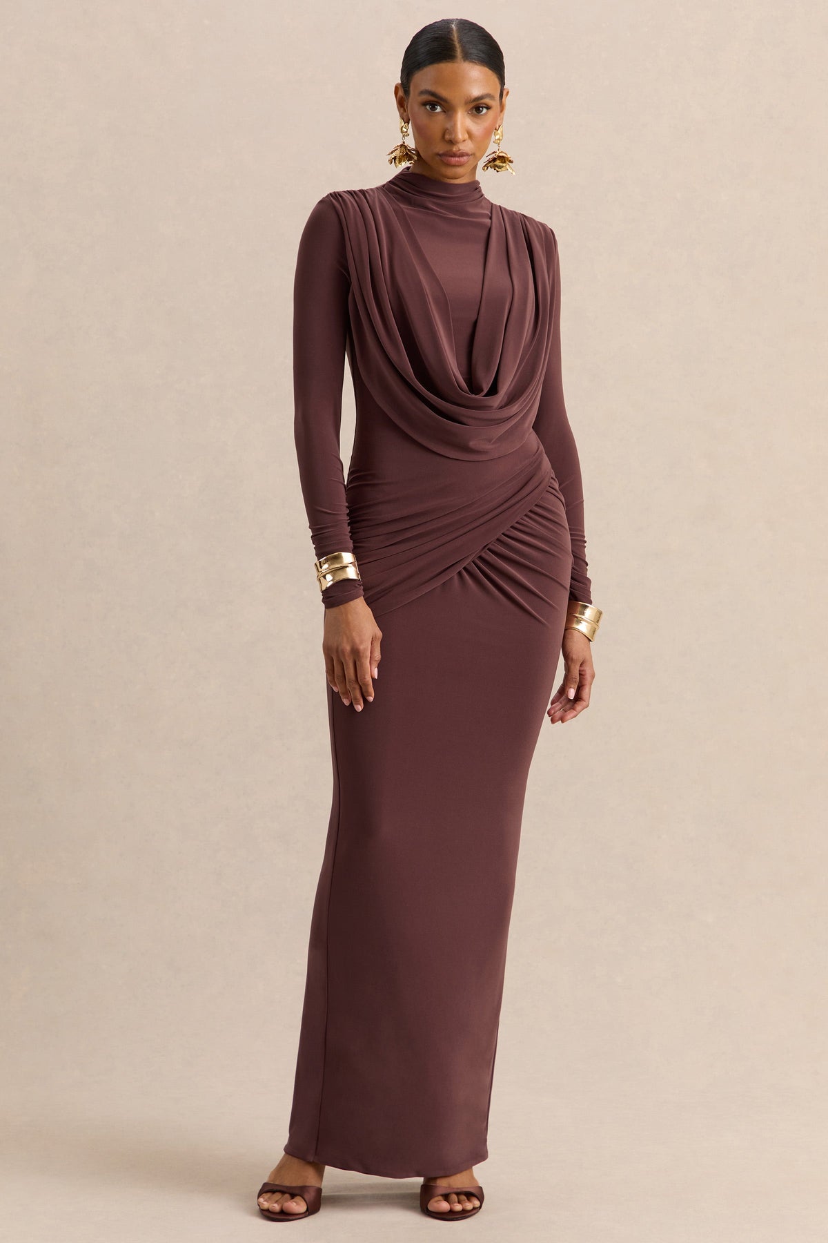 CL13766002206_ECM_HR_CL137660022_-_Karinthia_Brown_High-Neck_Maxi_Dress_With_Draped-Detailing_0_e730253d-2771-43e8-a0d3-381633363ed0