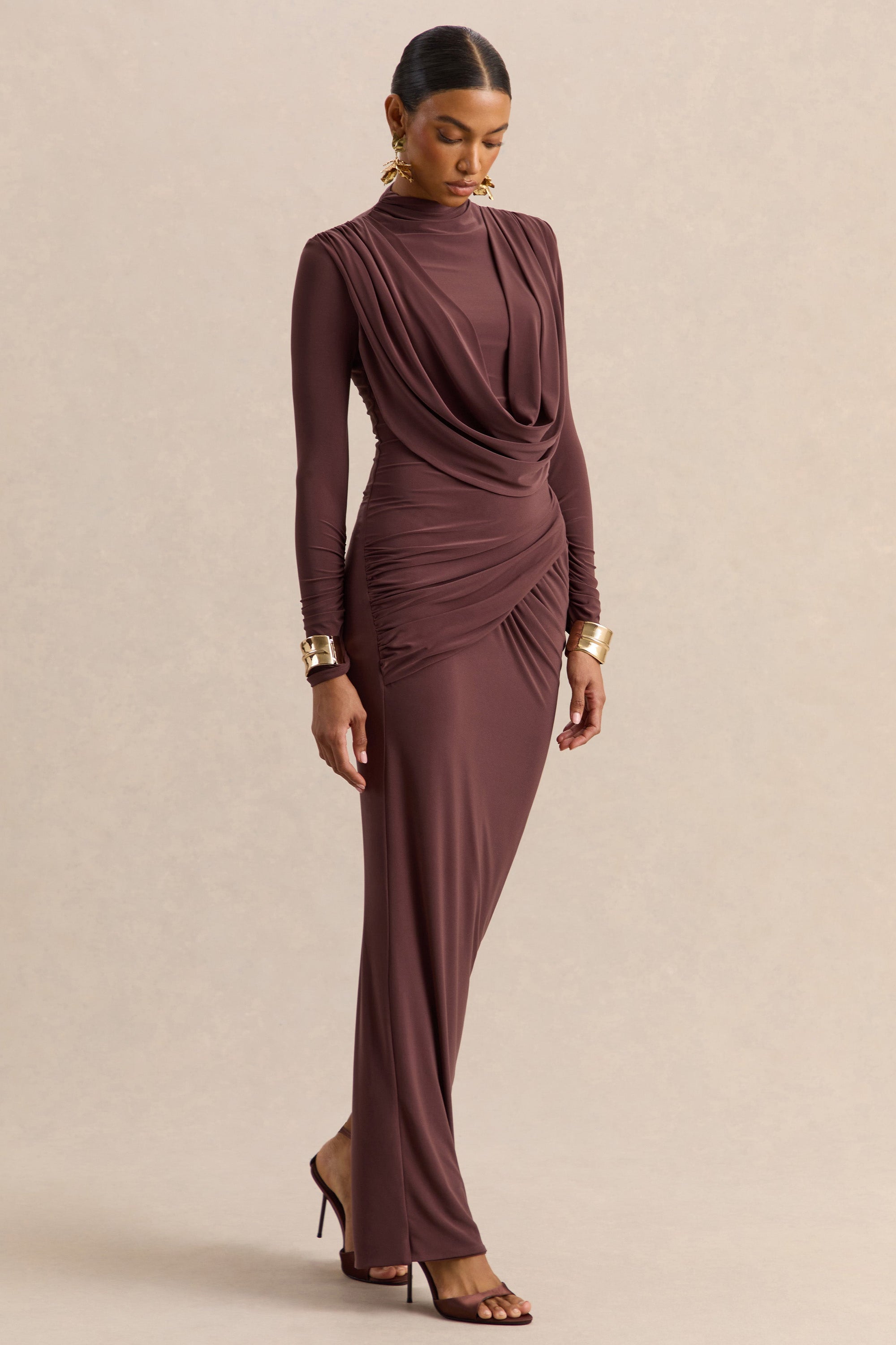 CL13766002206_ECM_HR_CL137660022_-_Karinthia_Brown_High-Neck_Maxi_Dress_With_Draped-Detailing_6_7be743d9-f2ca-459a-8760-78fefdfc1c23