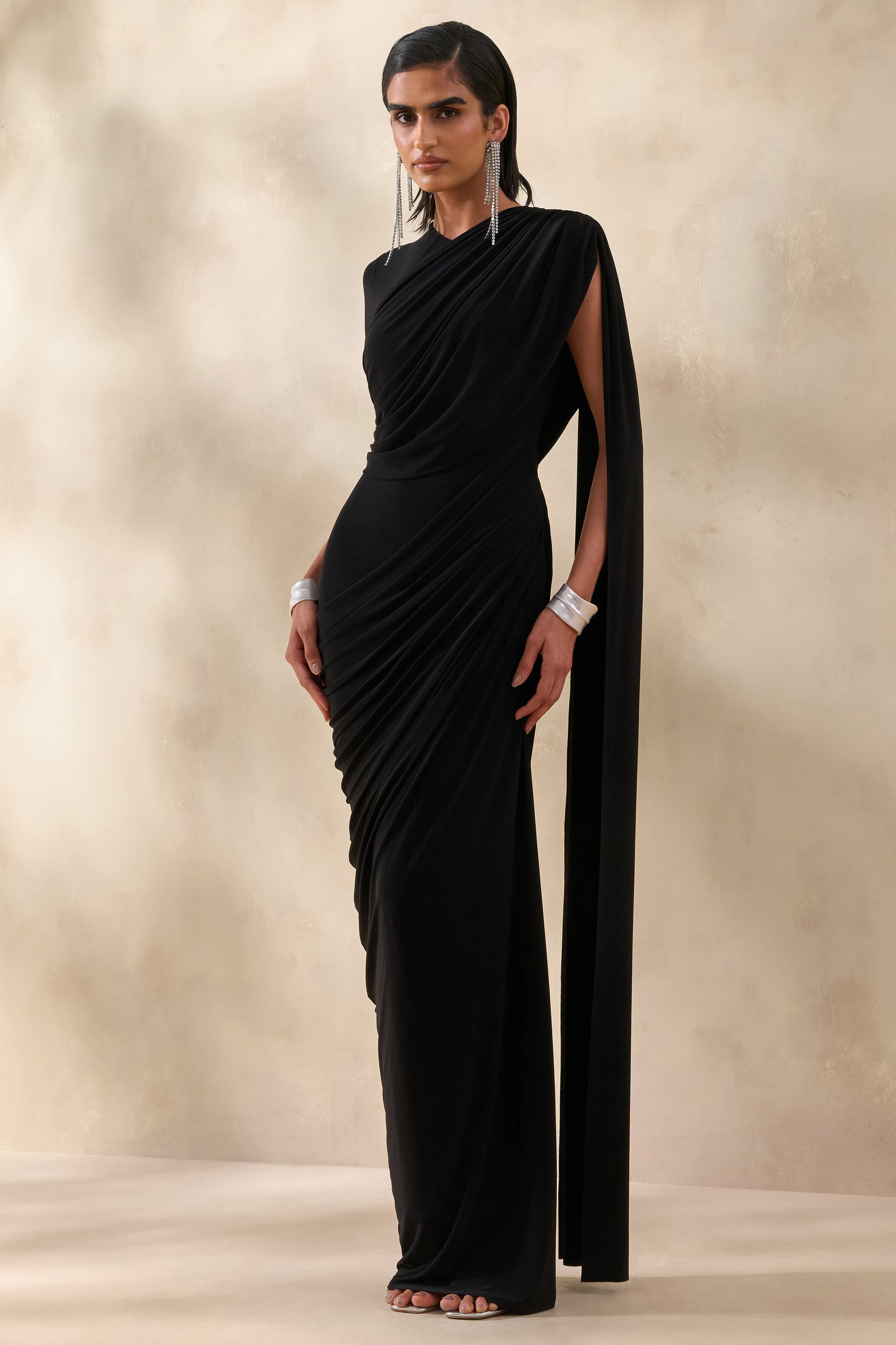 ECM_HR_CL137661001 - Gisara | Black High-Neck Maxi Dress With Sash And Draped-Detailing 3.jpg