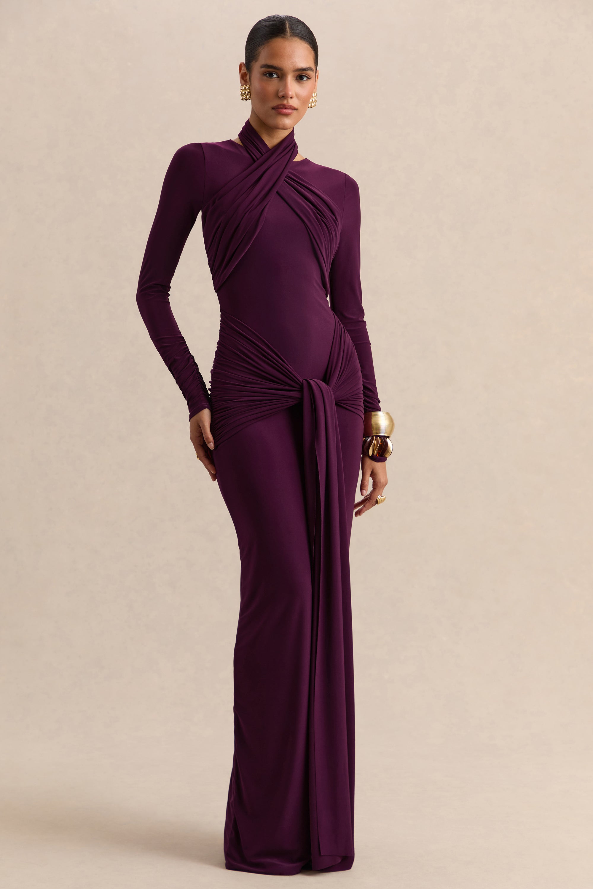 ECM_HR_CL137691090 - Linessa - Dark Plum High-Neck Maxi Dress With Sash And Gathered-Detailing 01_HERO.jpg