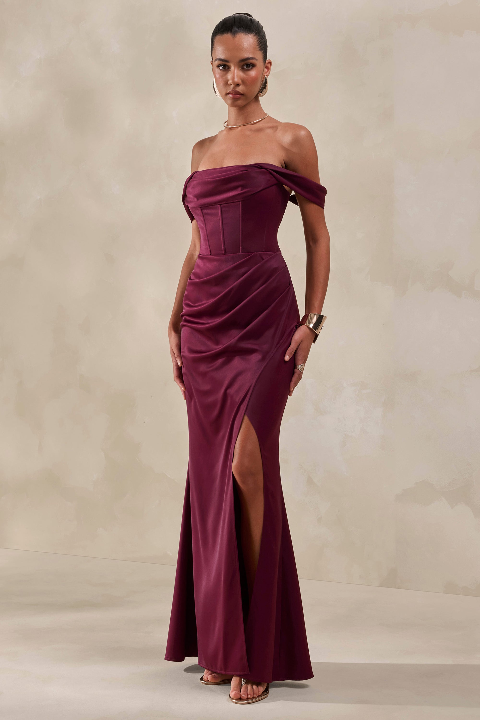 CL137810102 - Celinea _ Burgundy Satin Bardot-Neck Maxi Dress With Front-High Split2.jpg