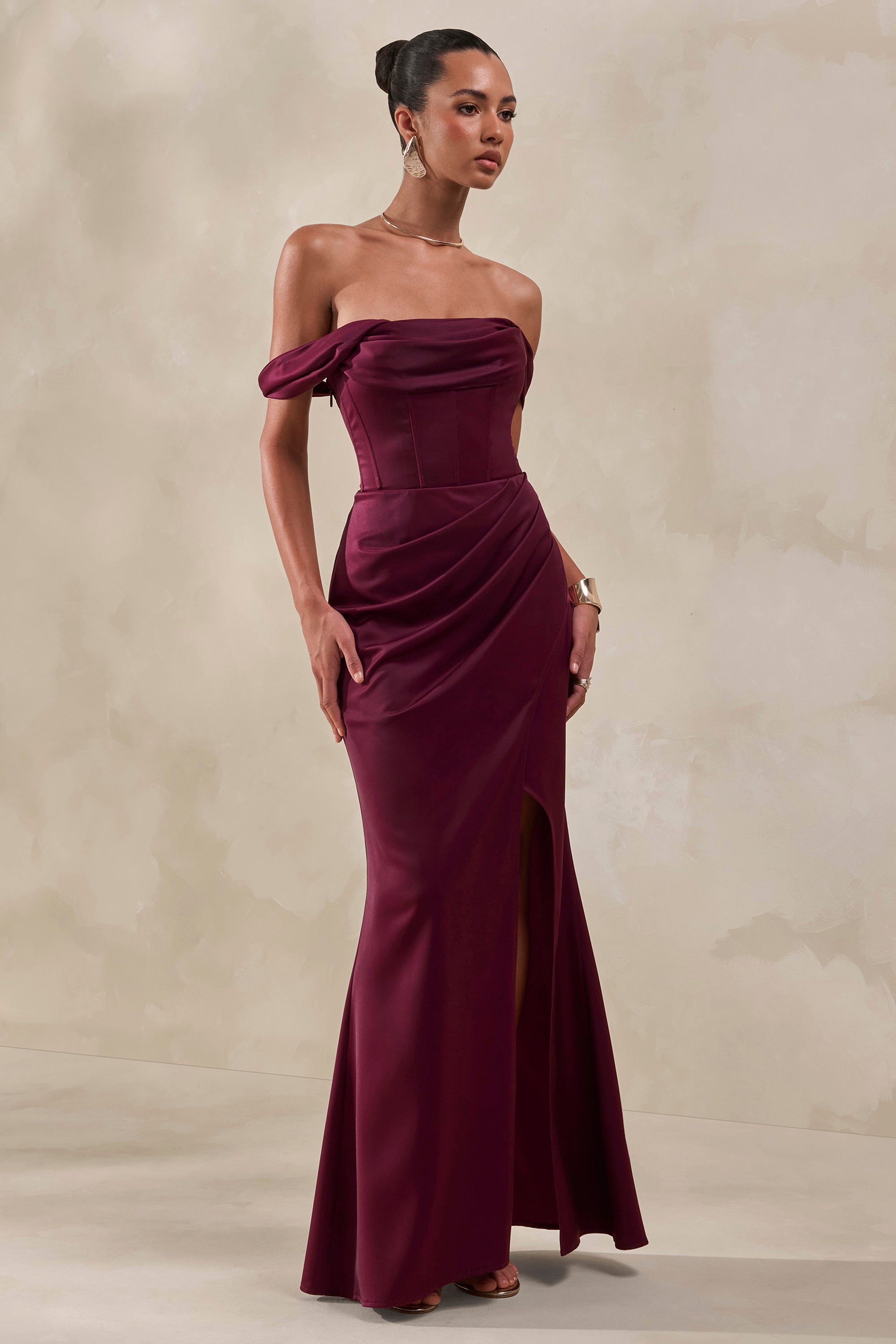 CL137810102 - Celinea _ Burgundy Satin Bardot-Neck Maxi Dress With Front-High Split4.jpg