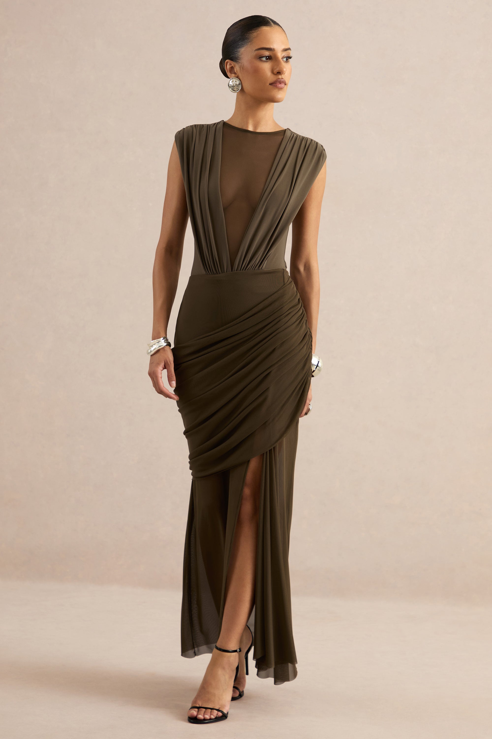 Kessia Khaki Wide-Neck Bodysuit With Mesh Detail CL137823035 13.jpg