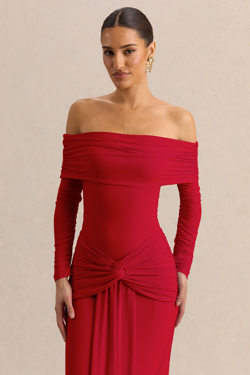 ECM_HR_CL137824100---Helia-_-Red-Bardot-Neck-Bodysuit-With-Ruched-Long-Sleeves-&-CL137840100---Flynne-_-Red-Wrapped-Maxi-Skirt-With-Sash_-4.jpg