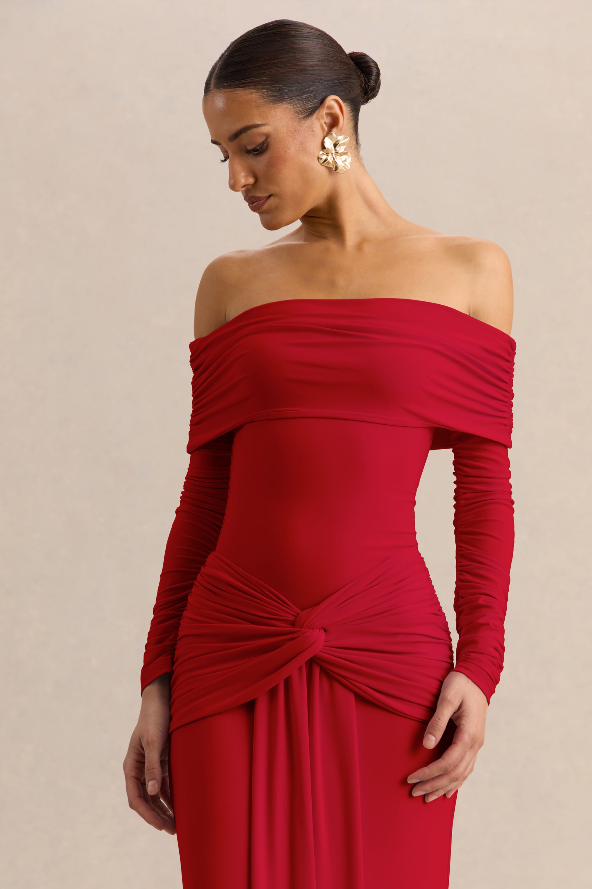 ECM_HR_CL137824100---Helia-_-Red-Bardot-Neck-Bodysuit-With-Ruched-Long-Sleeves-&-CL137840100---Flynne-_-Red-Wrapped-Maxi-Skirt-With-Sash_-6.jpg